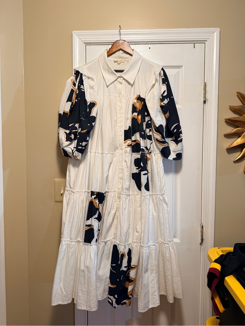 Anthropologie White Midi Dress with Navy and Tan Floral Panels